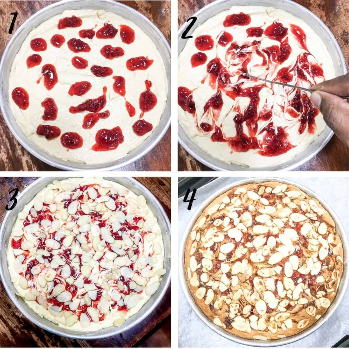 A poster of 4 images showing how to top a round cake with strawberry filing swirls and almond flakes before baking.