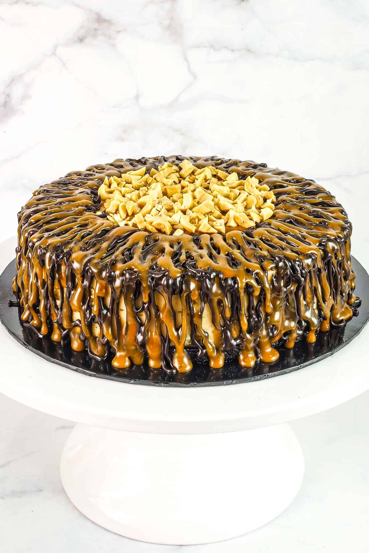 A round cheesecake with caramel and chocolate drizzle and chopped peanut center.
