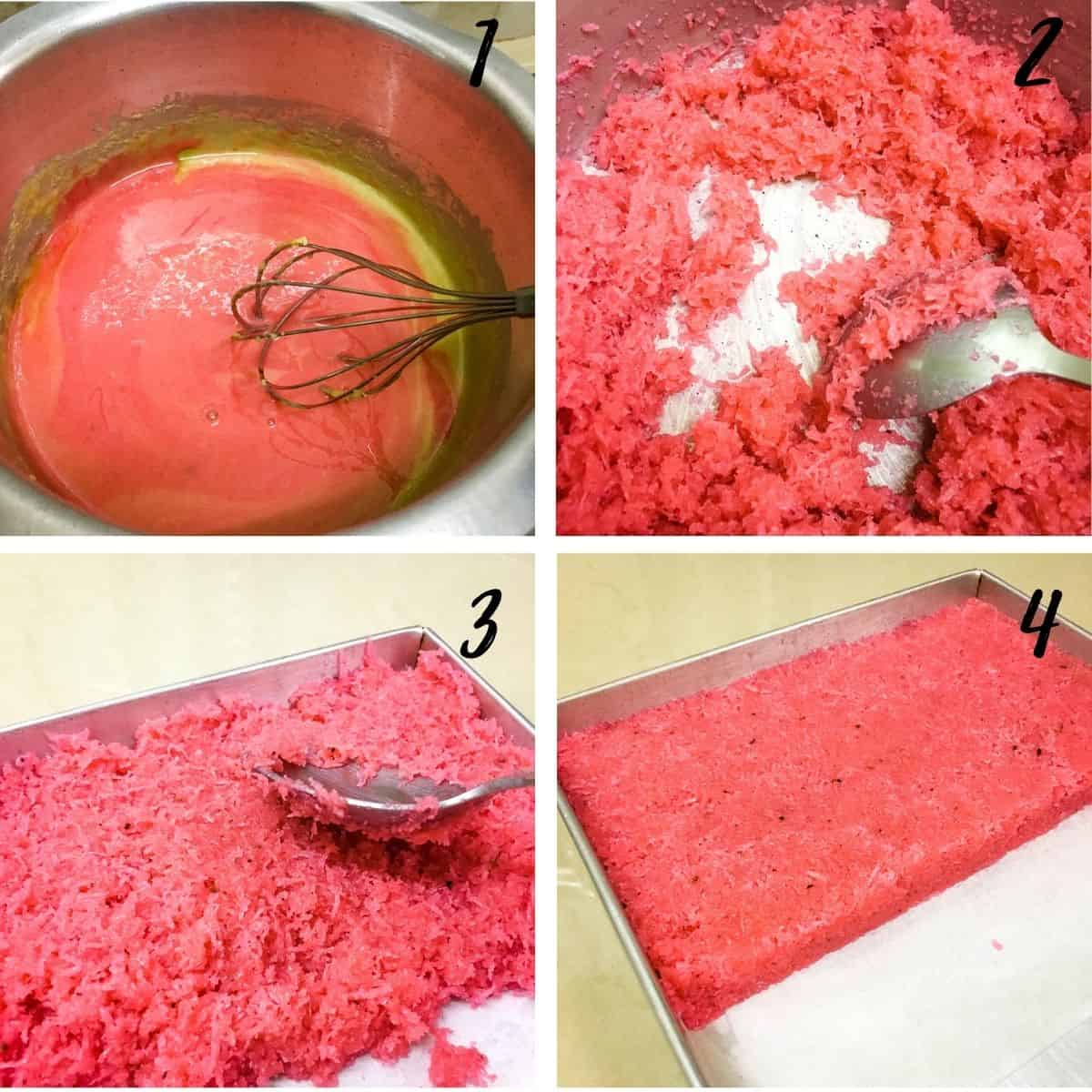 A poster of 4 images show how to add color to coconut candy, how to cook the candy, how to press it in a tray and a tray of pink coconut candy.