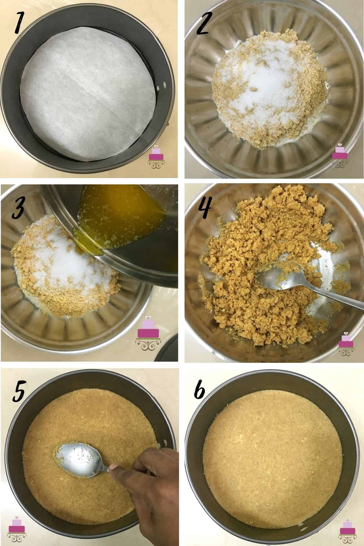 A poster of 6 images showing how to prepare cookie crust for cakes.