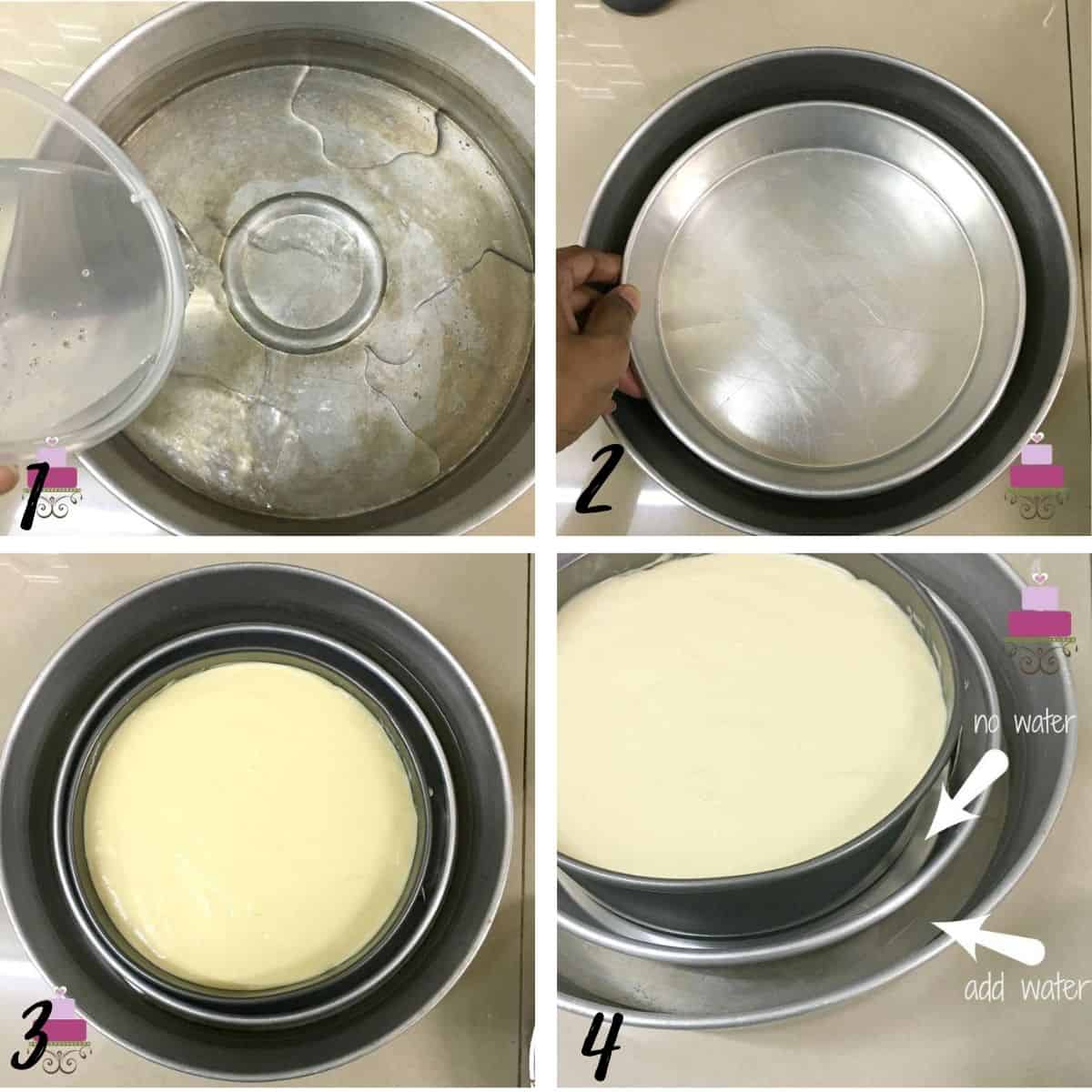 A poster of 4 images showing how to do a water bath for cakes.