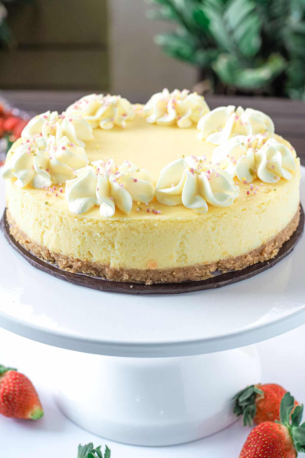A round cheesecake on a white cake stand
