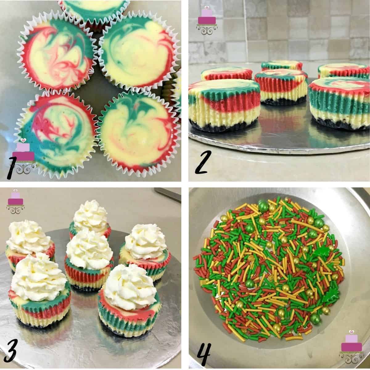 A poster of 4 images showing, red and green marbled cheesecake cupcakes, the cupcakes with the wrappers removed, topped with whipped cream and pretty red, green and gold sprinkles.