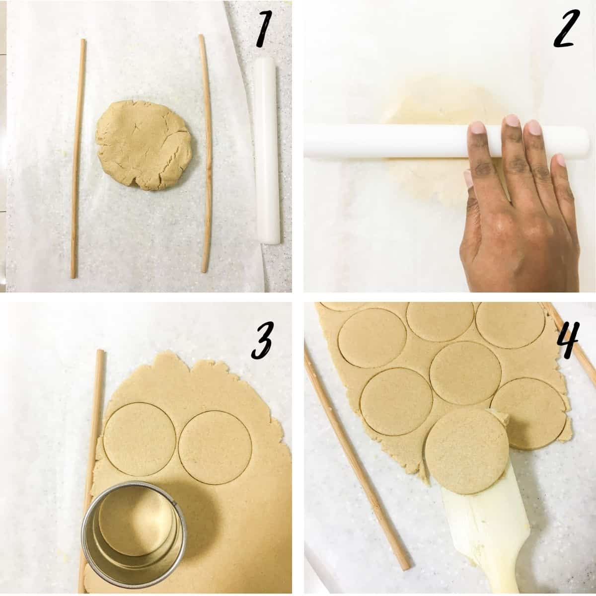 A poster of 4 images showing how to roll and cut a cookie dough into round cookies