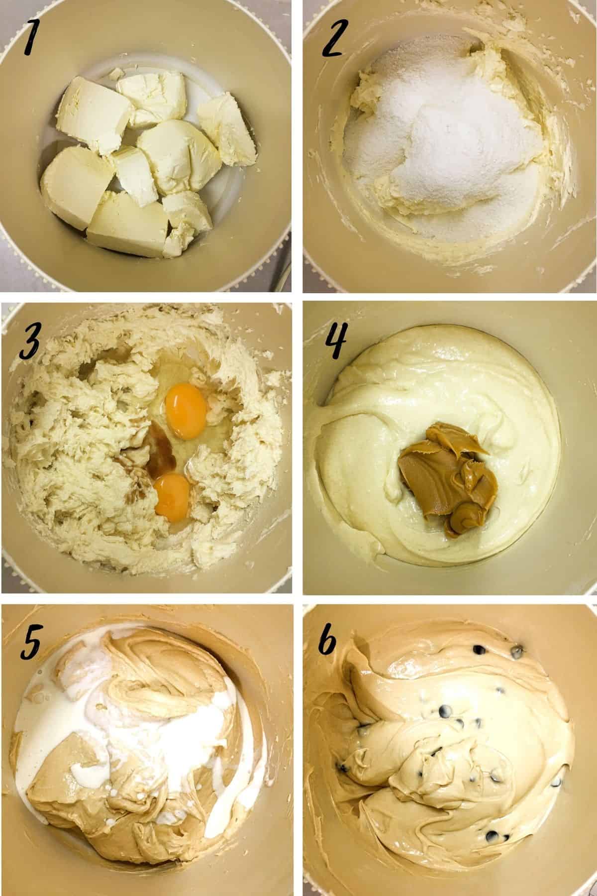 A poster of 6 images showing how to mix peanut butter cheesecake batter