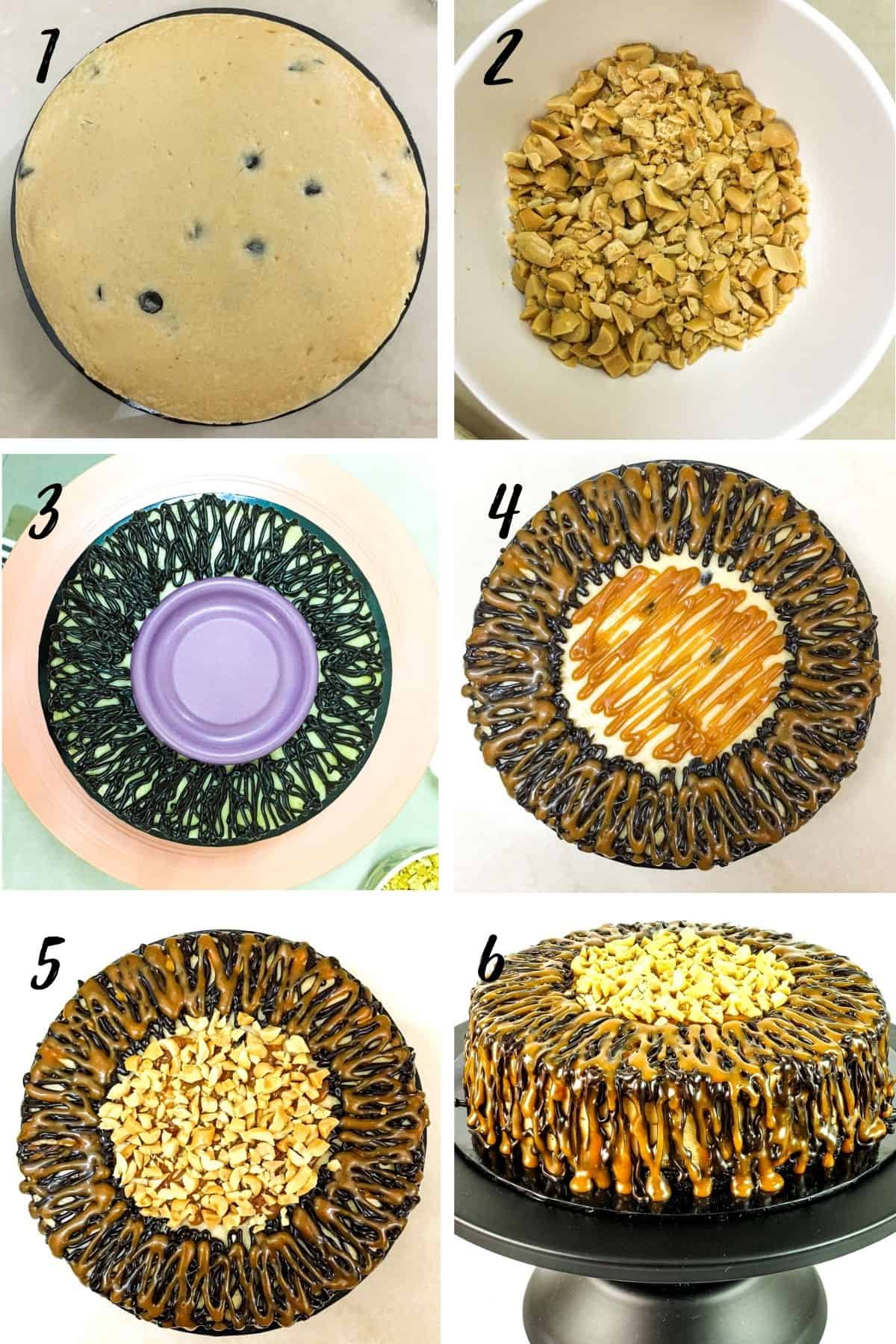 A poster of 6 images showing how to decorate a cheesecake with chopped peanuts and chocolate and caramel drizzle.