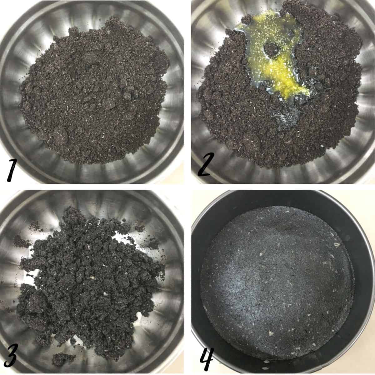 A poster of 4 images showing how to make Oreo cookie crust for cheesecake
