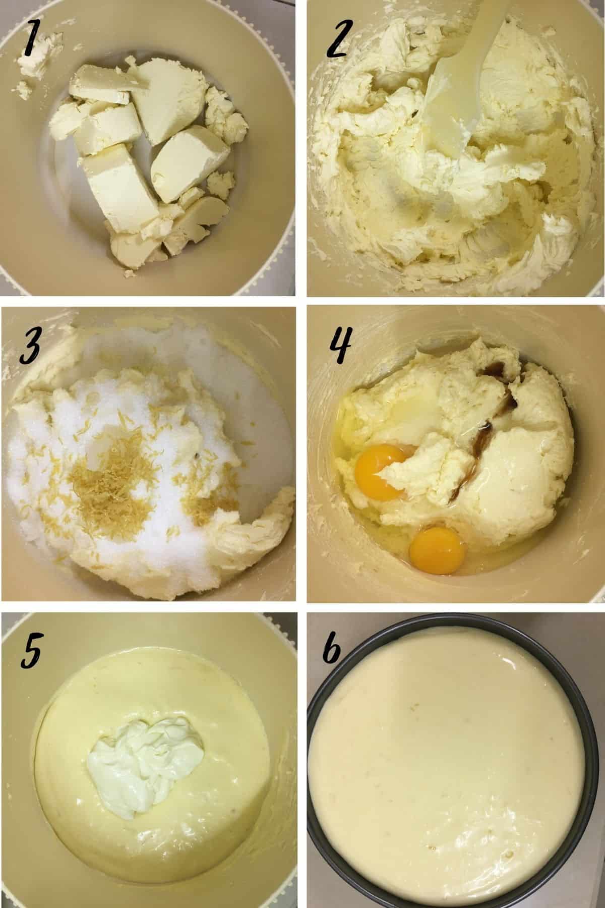 A poster of 6 images showing how to mix cheesecake batter