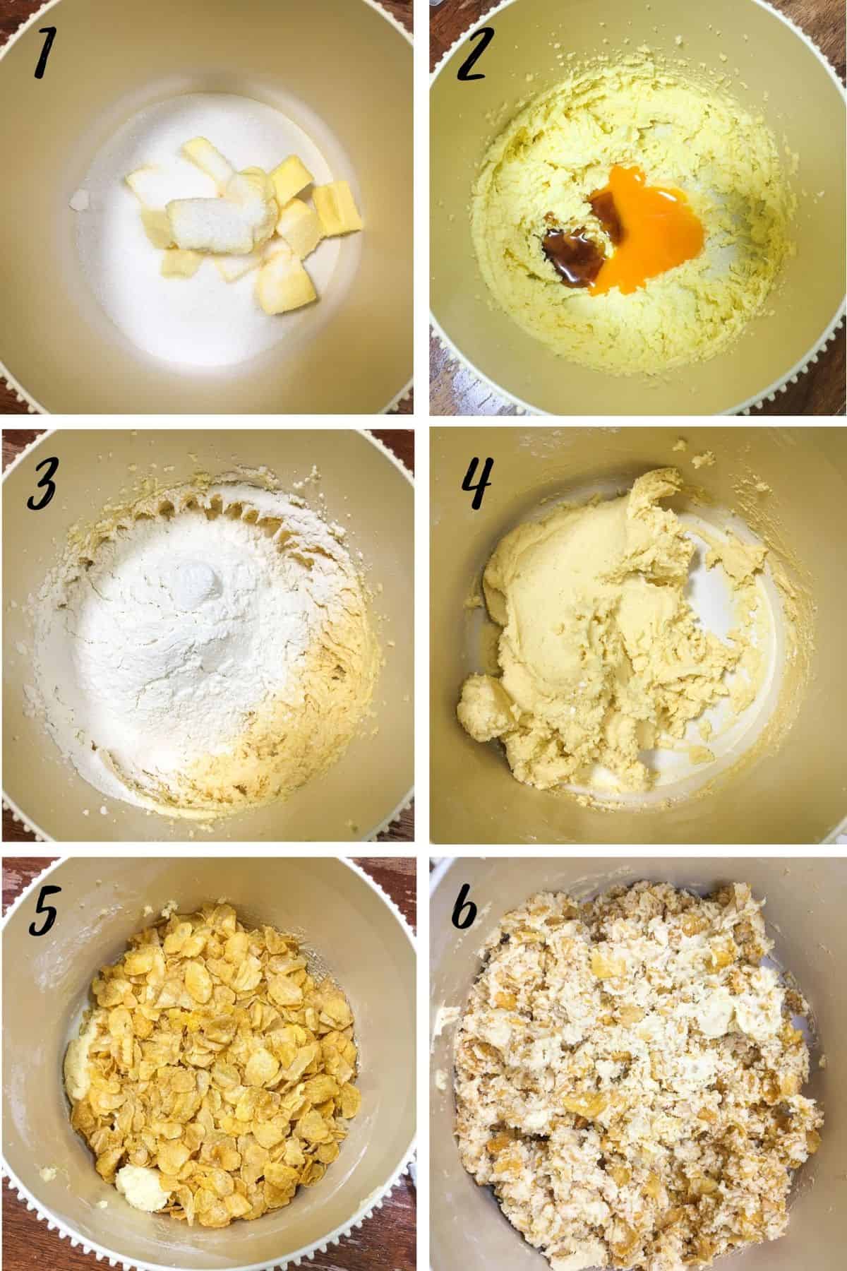 A poster of 6 images showing how to mix cornflake cookie dough