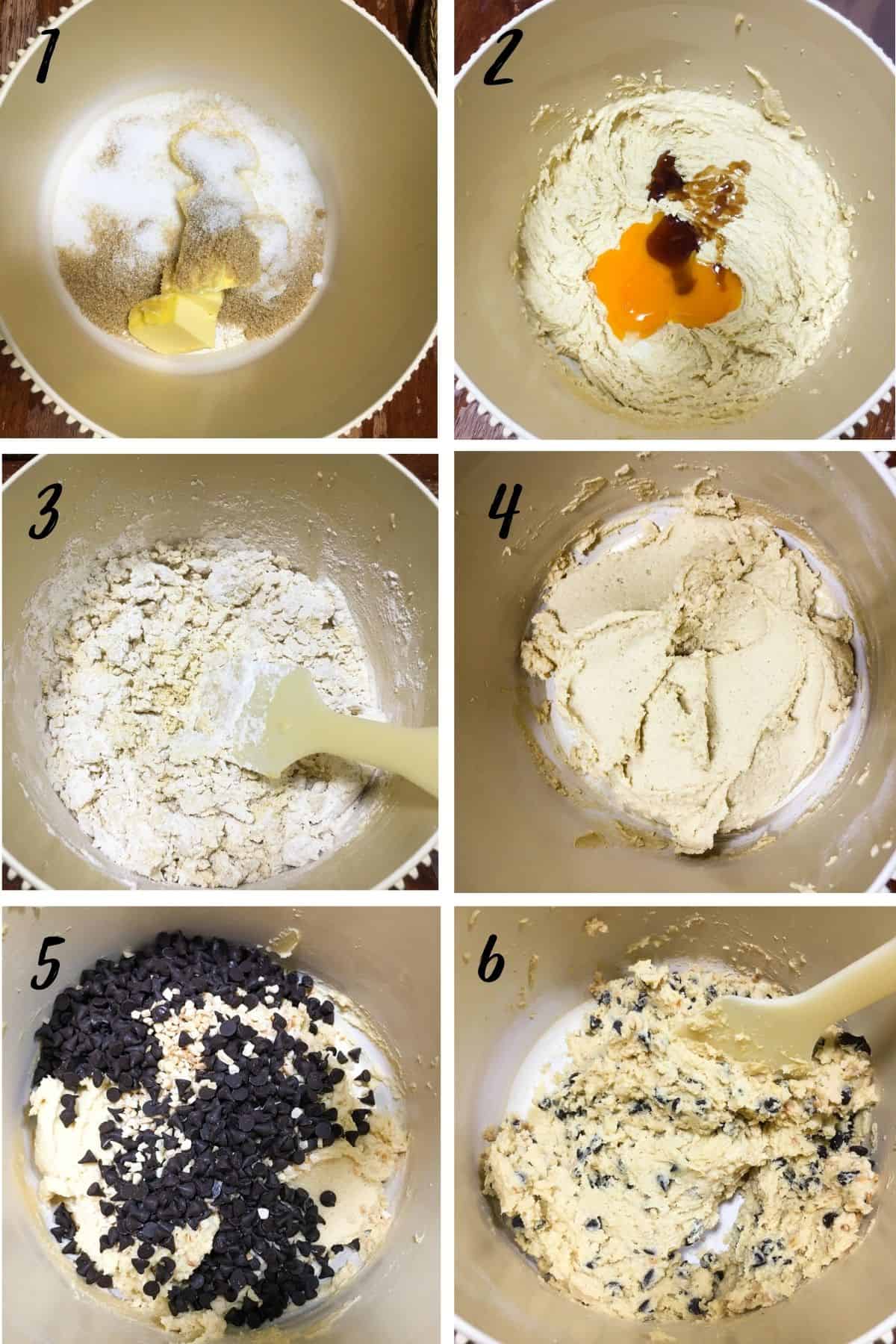 A poster of 6 images showing how to mix dough.