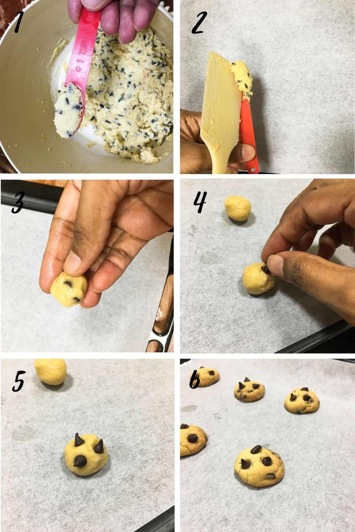 A poster of 6 images showing how to from mini chocolate chip cookies with a ½ teaspoon measuring spoon, how to shape the dough into a ball, how to add chocolate chips, how to space out on the baking tray and a baked cookie.