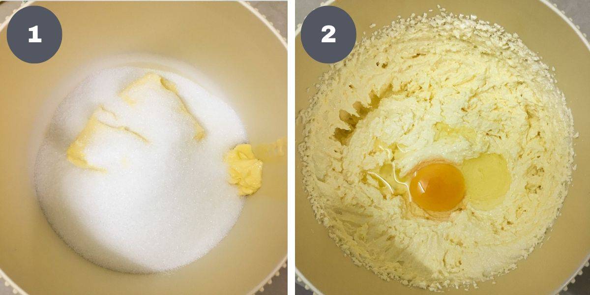 A bowl of butter and sugar and egg in a bowl of creamed mixture.