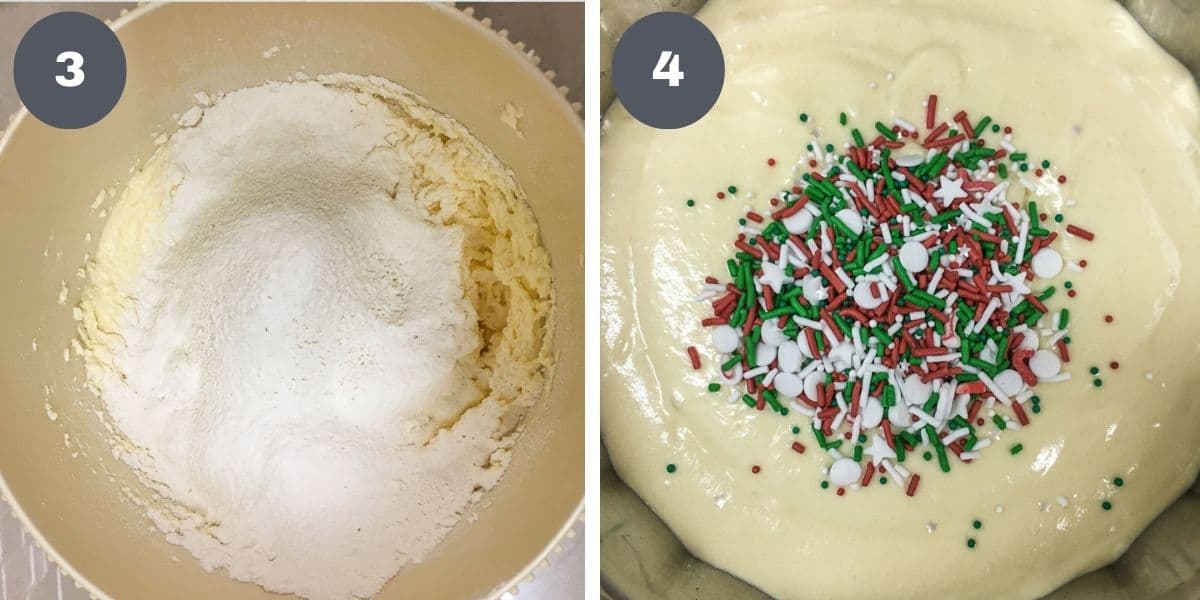 Flour and wet batter in a bowl and sprinkles in a bowl of batter.