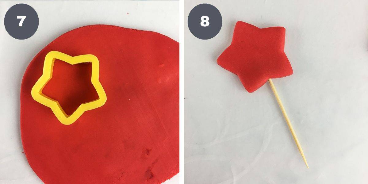 A star cutter on red fondant and a red fondant star with toothpick inserted into it.