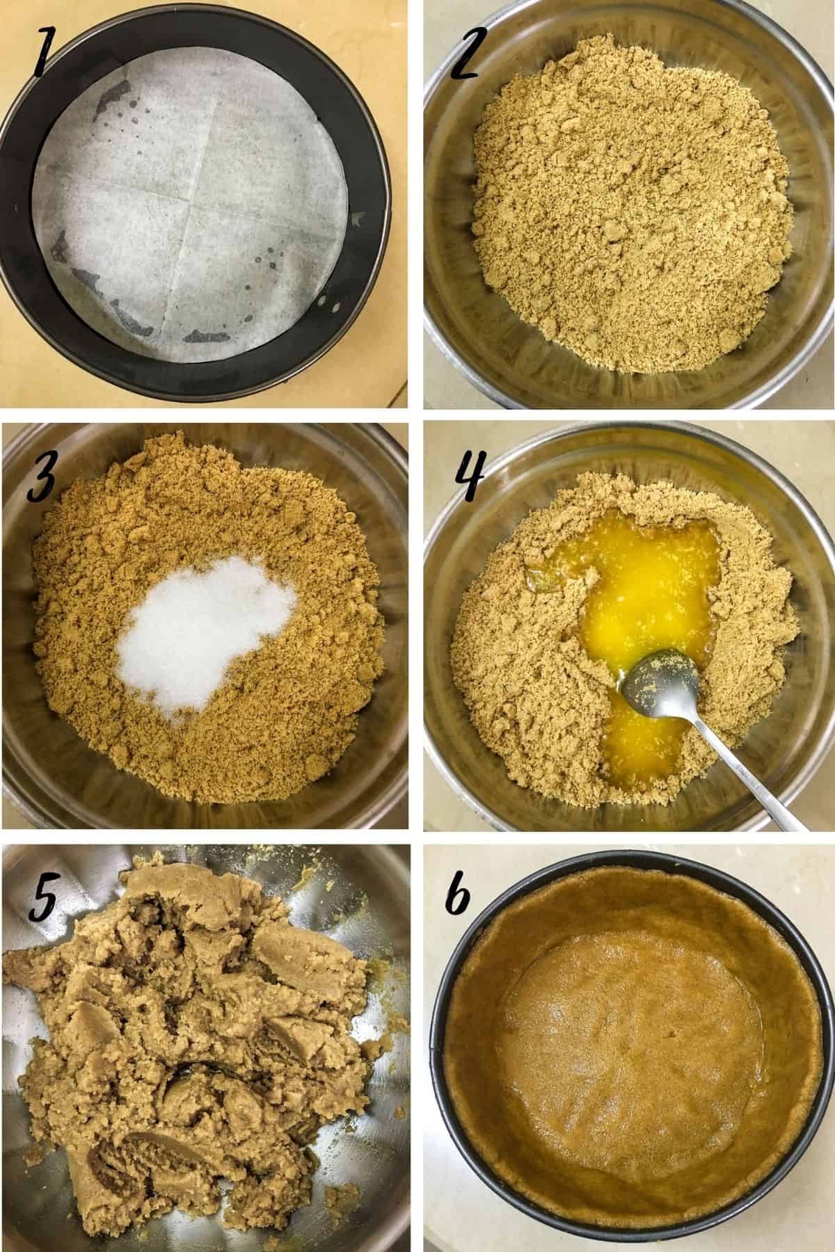 A poster of 6 images showing how to make cheesecake crust.