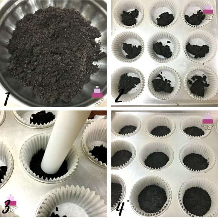 A poster of 4 images showing oreo cookie crust in a steel bowl, the crumbs in cupcake casings, using a small rolling pin to press the crumbs and casings with prepared oreo crust