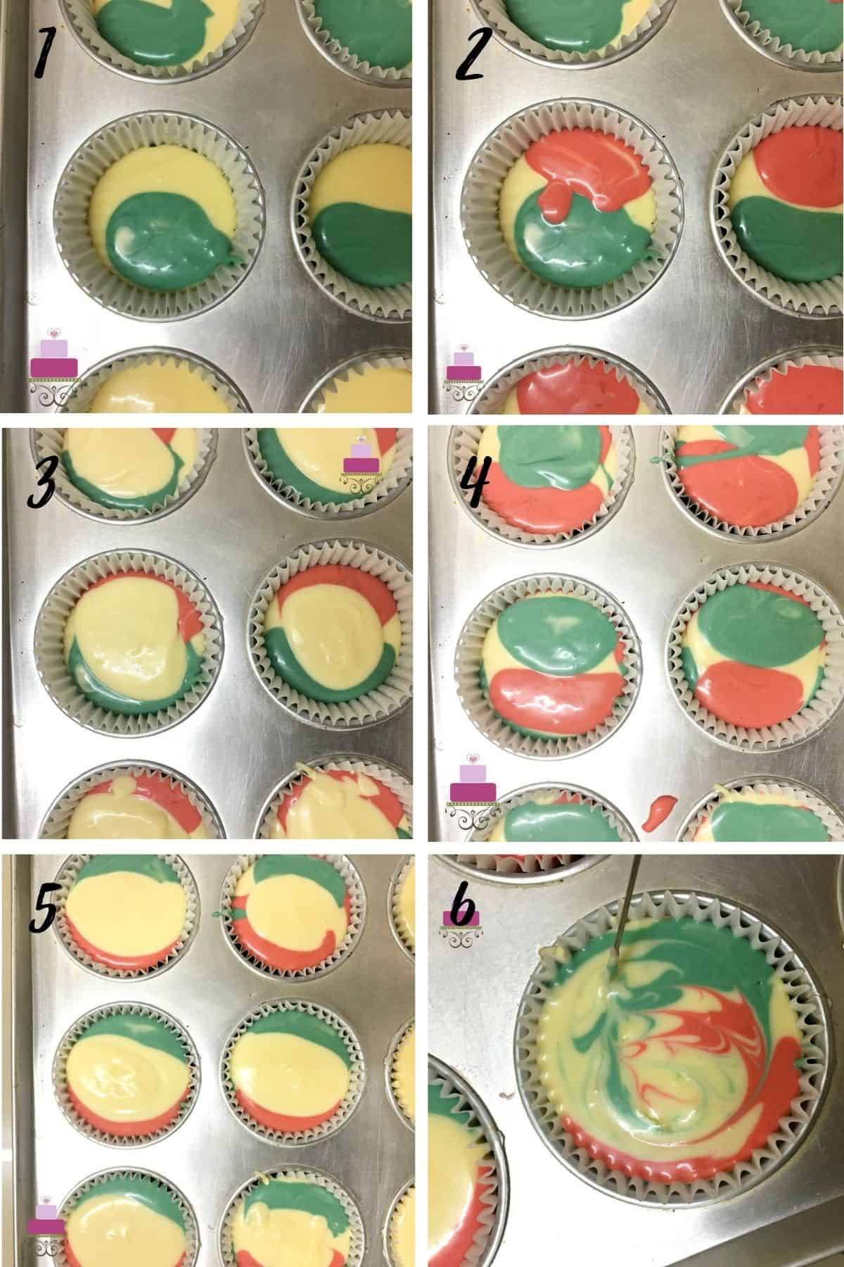 A poster of 6 images showing the step by step method of creating marbled cheesecake batter in yellow, red and green.