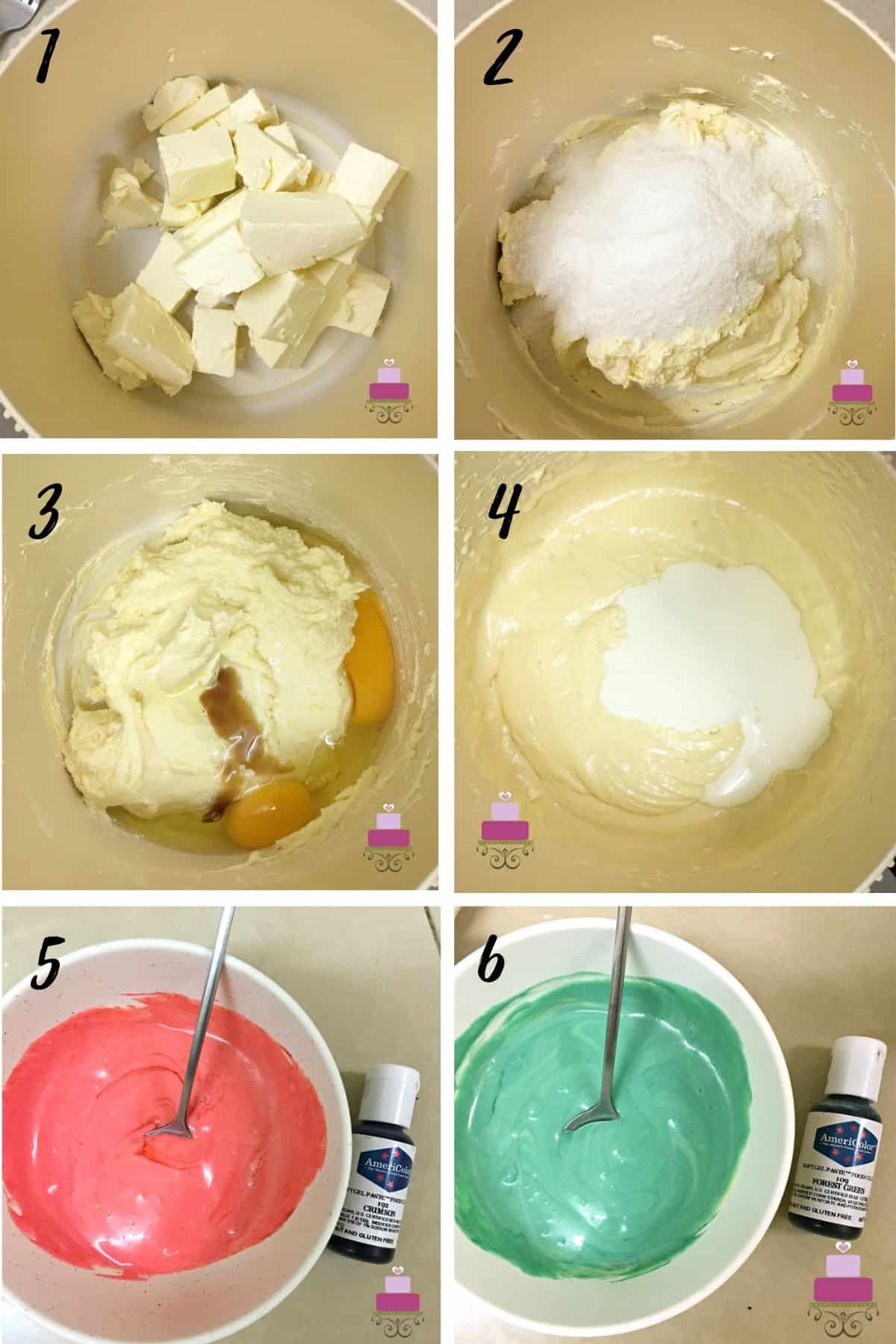 A poster of 6 images showing how to mix cheesecake batter and color some of it into green and red.