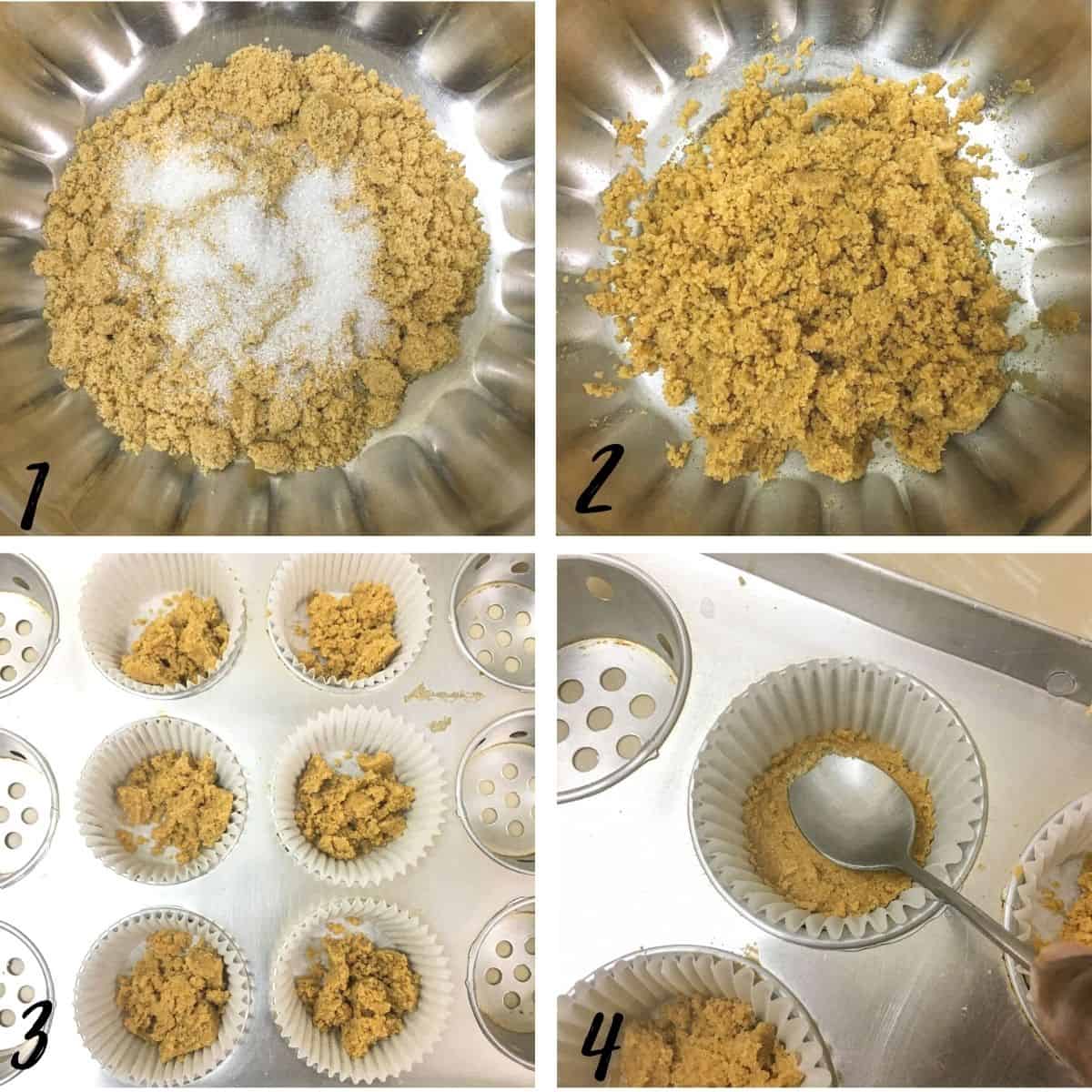 A poster of 4 images showing how to make mini cheesecake crust