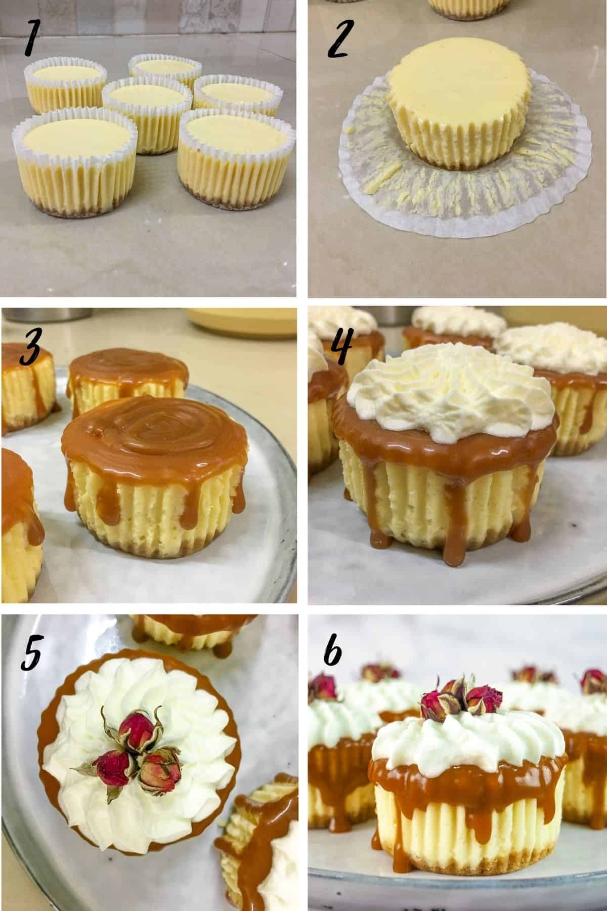 A poster of 6 images showing how to decorate mini salted caramel cheesecakes with salted caramel sauce, whipped cream and dried rose buds.
