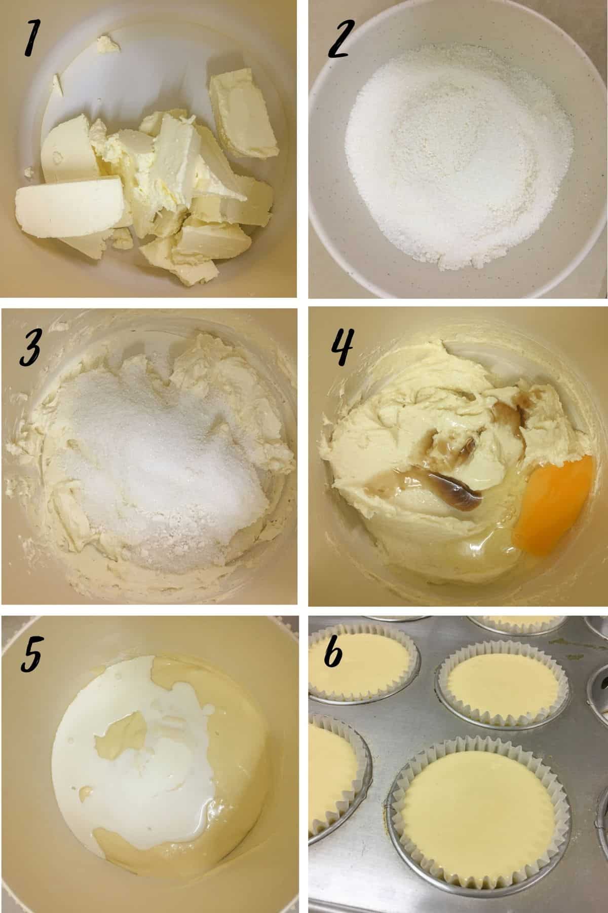 A poster of 6 images showing how to make cheesecake batter.