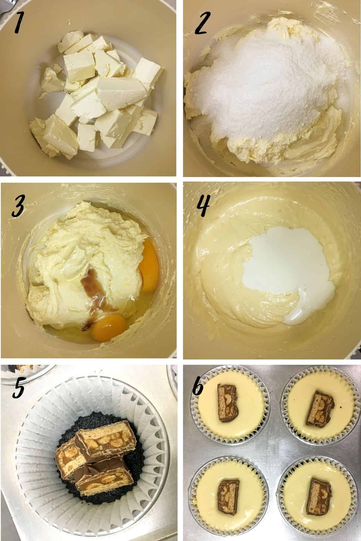 A poster of 6 images showing how to make Snickers cheesecake batter