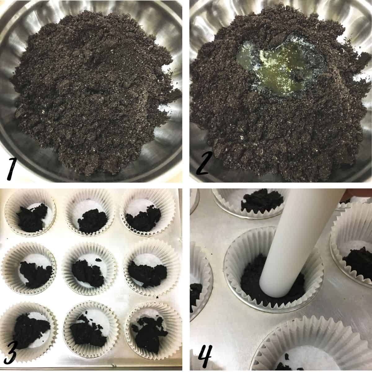 A poster of 4 images showing how to make Oreo crust in cupcake casings.