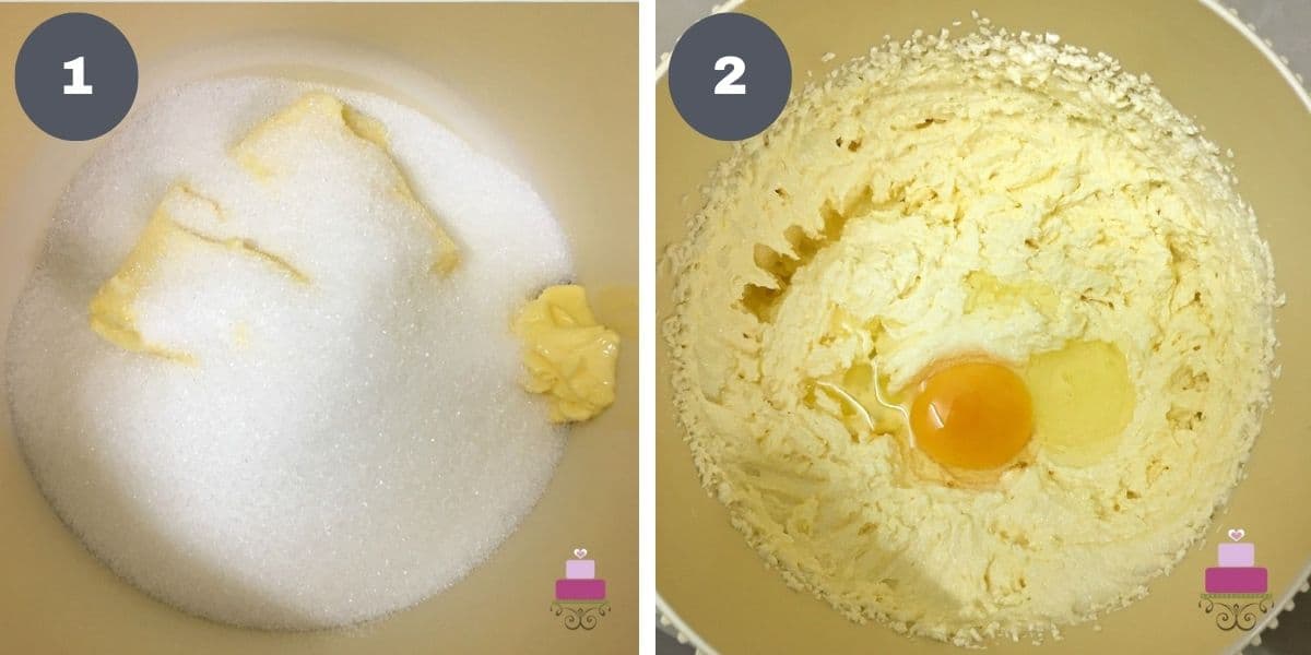 Butter and sugar in a bowl and egg in a bowl of creamed butter and sugar.