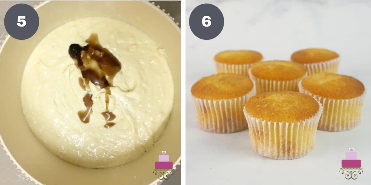 Adding vanilla into a bowl of batter and a set of baked cupcakes.