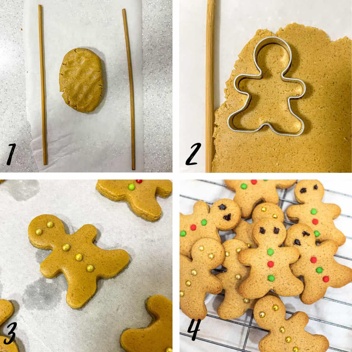 A poster of 4 images showing cut out gingerbread men cookies.