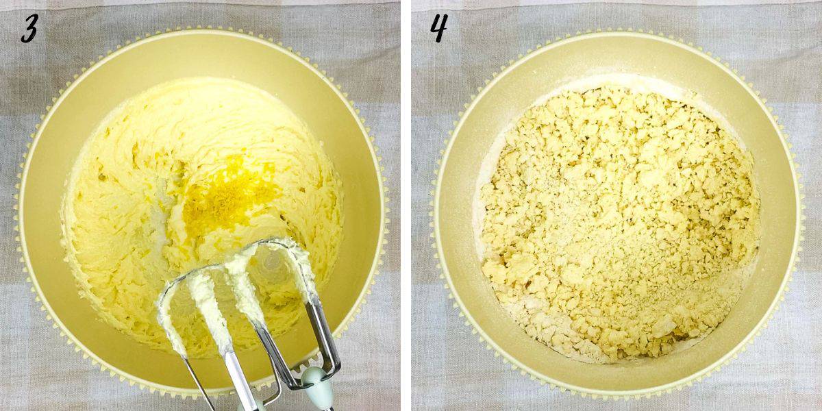 Lemon zest in a bowl of creamed mixture and a bowl of crumbled mixture.