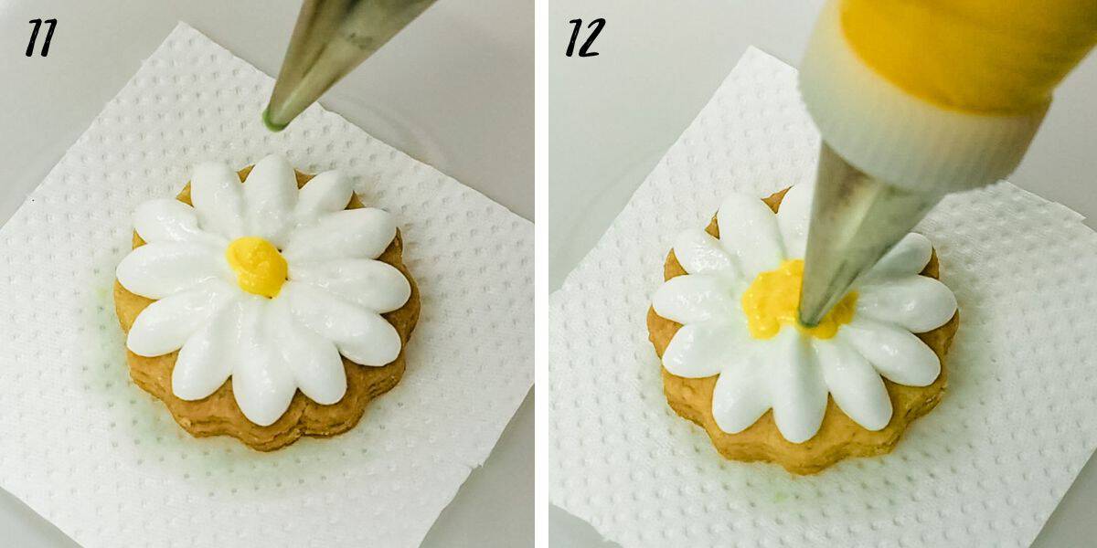Adding yellow icing centers to daisy cookies.