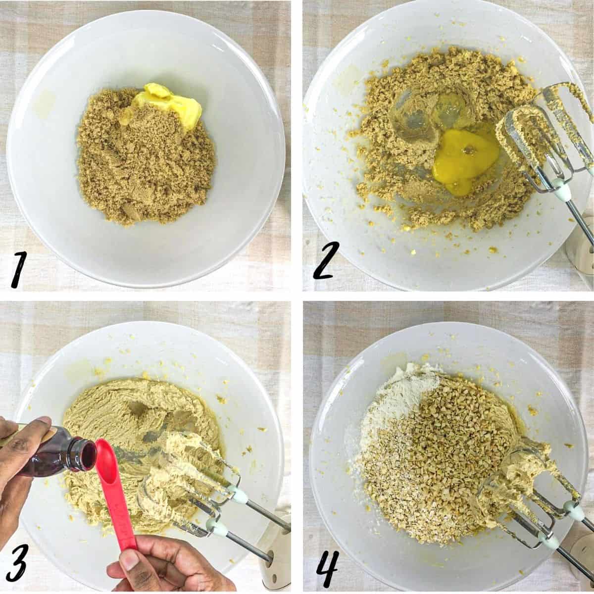 A poster of 4 images showing how to mix almond oatmeal cookies