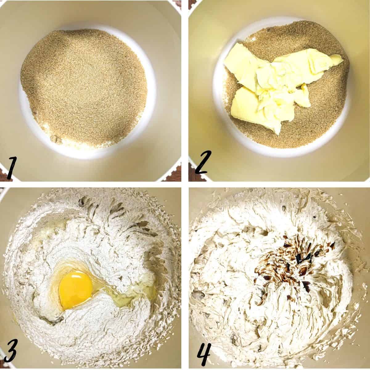 A poster of 4 images showing how to mix cake batter.