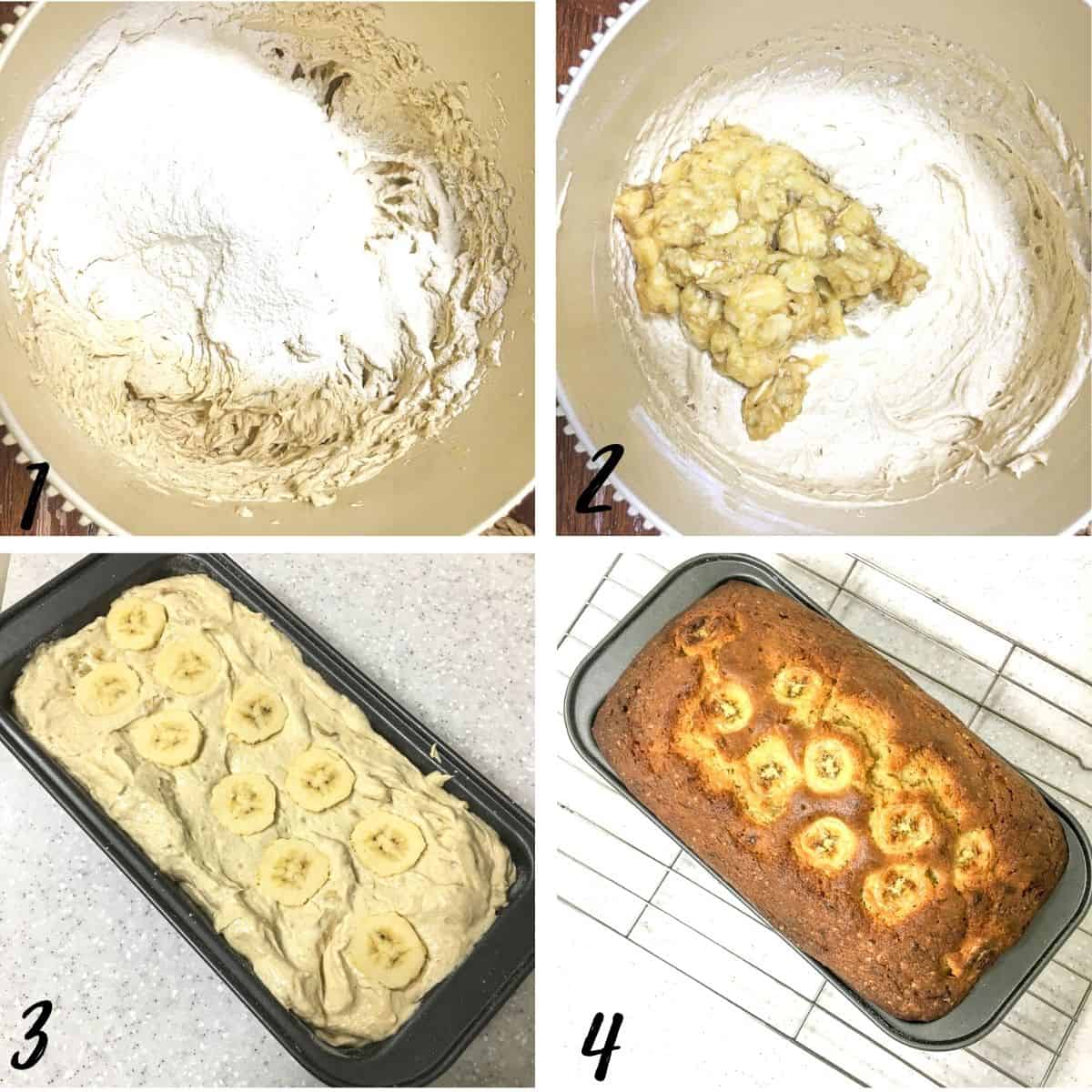 A poster of 4 images showing how to mix banana pound cake batter and fill it into a loaf pan