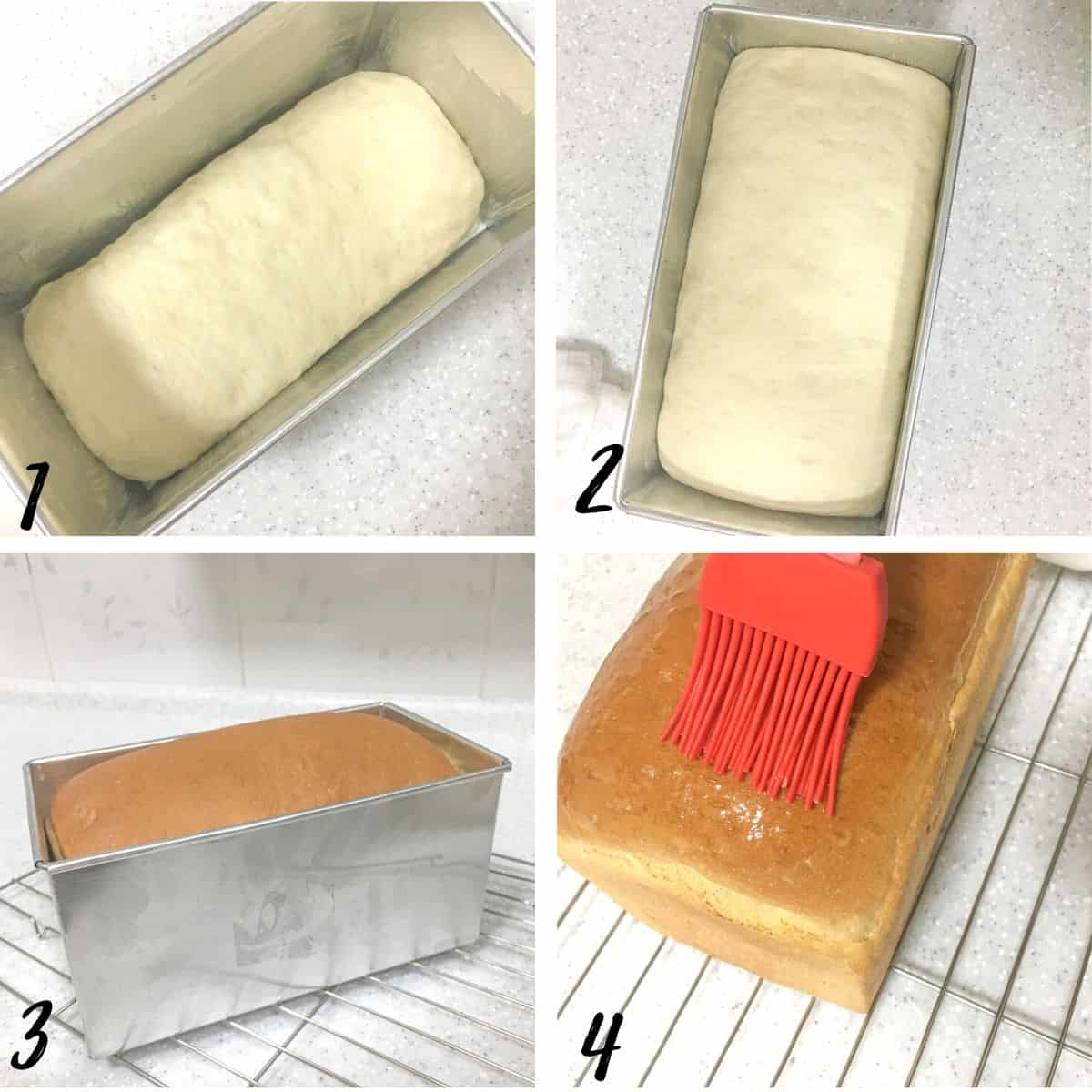 A poster of 4 images showing how to proof and bake a loaf bread, and how to apply butter after baking