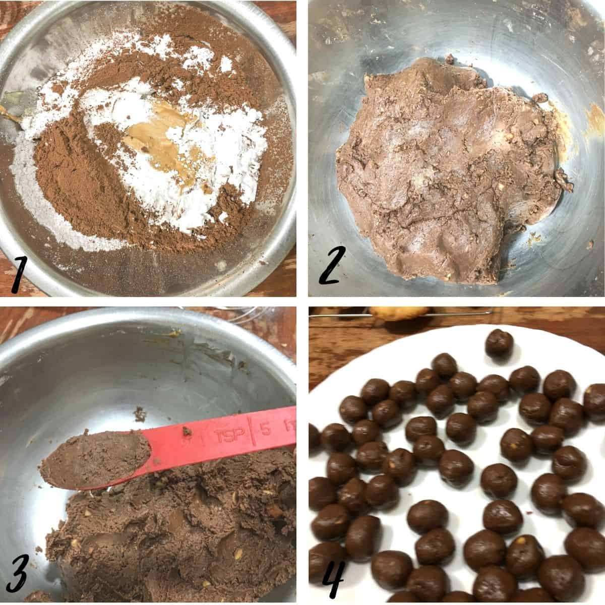 A poster of 4 images showing how to make peanut butter stuffing for cookies.