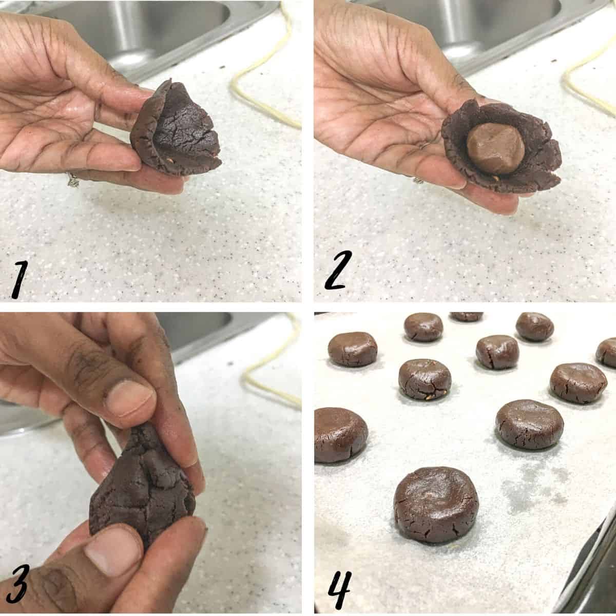 A poster of 4 images showing how to make chocolate peanut butter stuffed cookies.