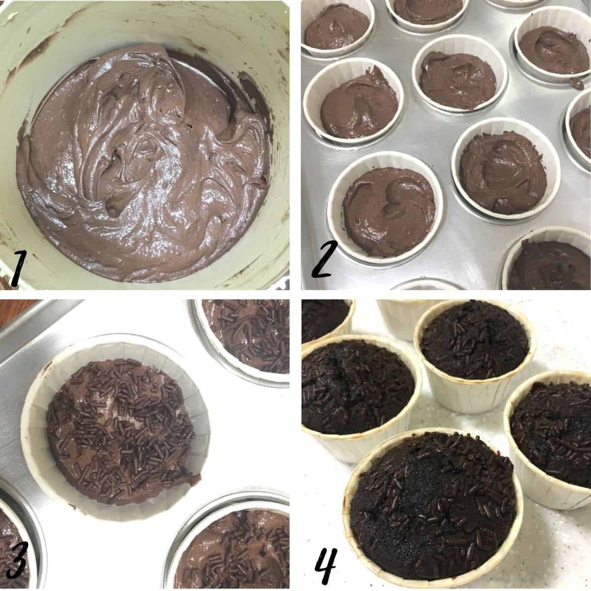 A poster of 4 images showing how to pour chocolate cupcake batter into casings and top with sprinkles.