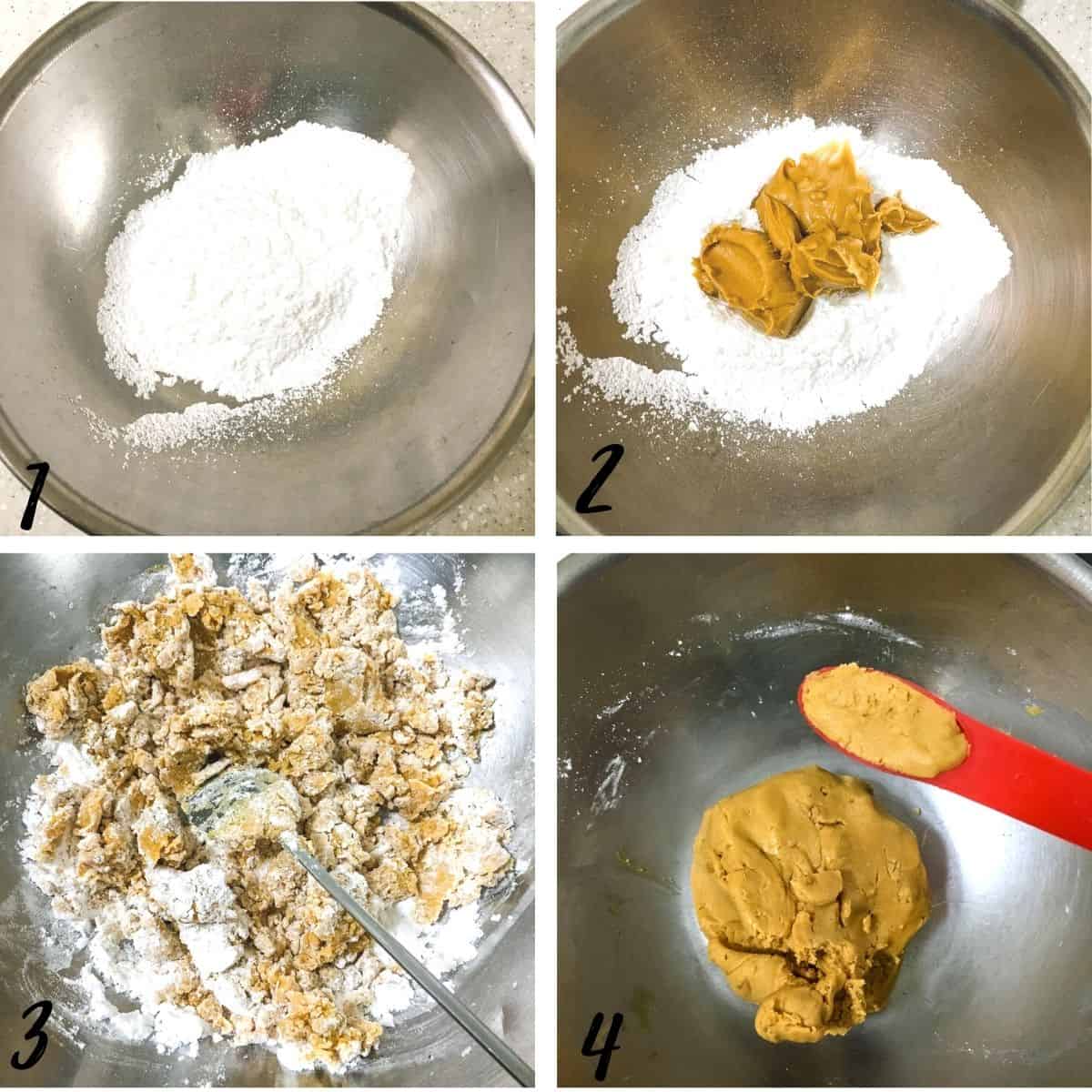A poster of 4 images showing how to make peanut butter centers for homemade peanut butter Oreos