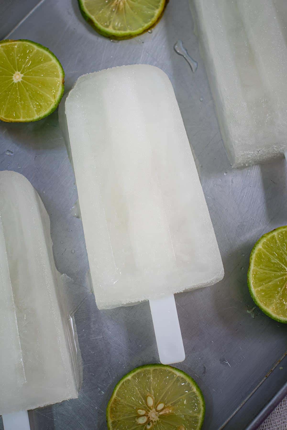 Close up of a white popsicle with lemon slices on the side
