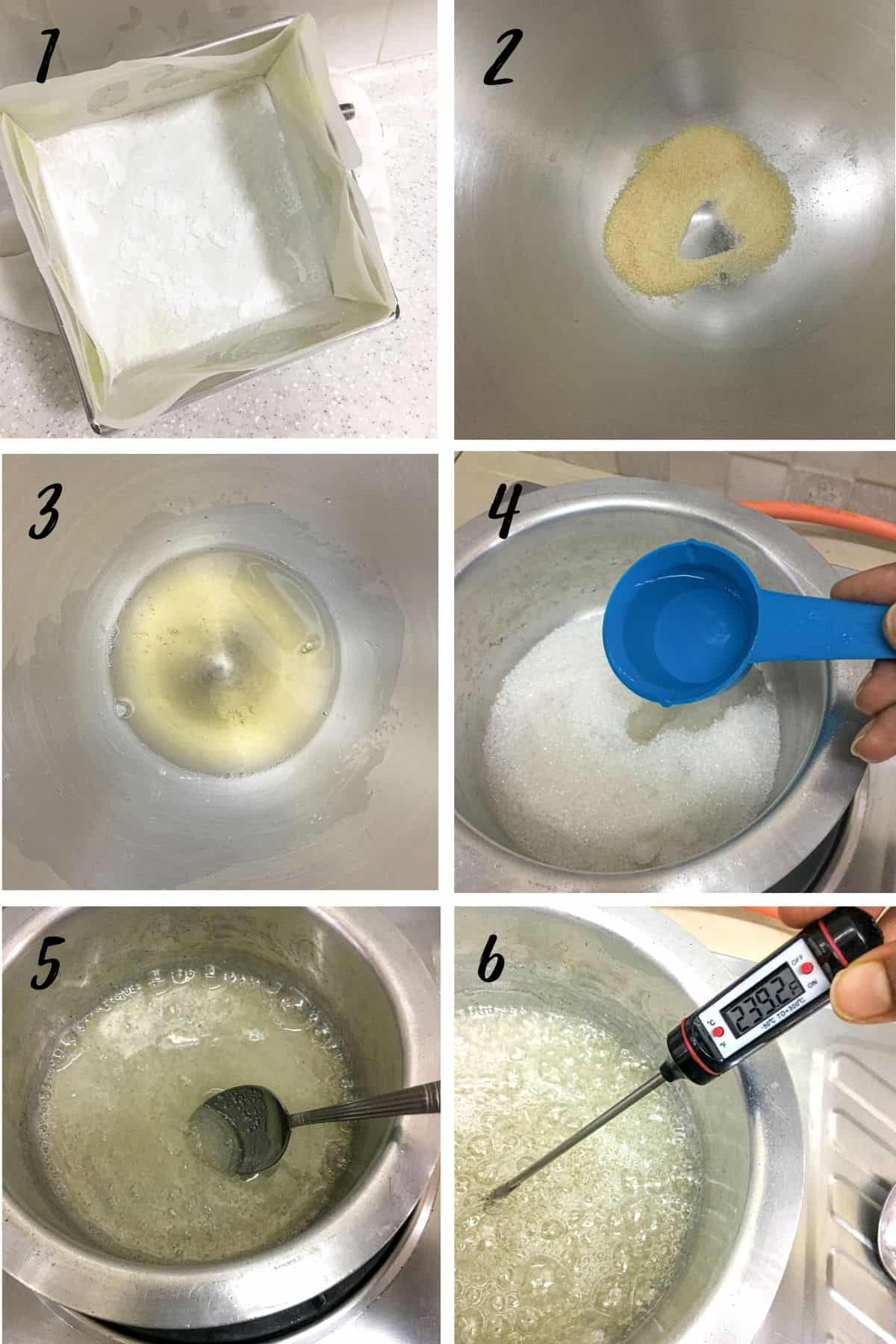A poster of 6 images showing how to prepare a tin for marshmallows, how to dissolve gelatin, and how to boil sugar to a soft ball stage