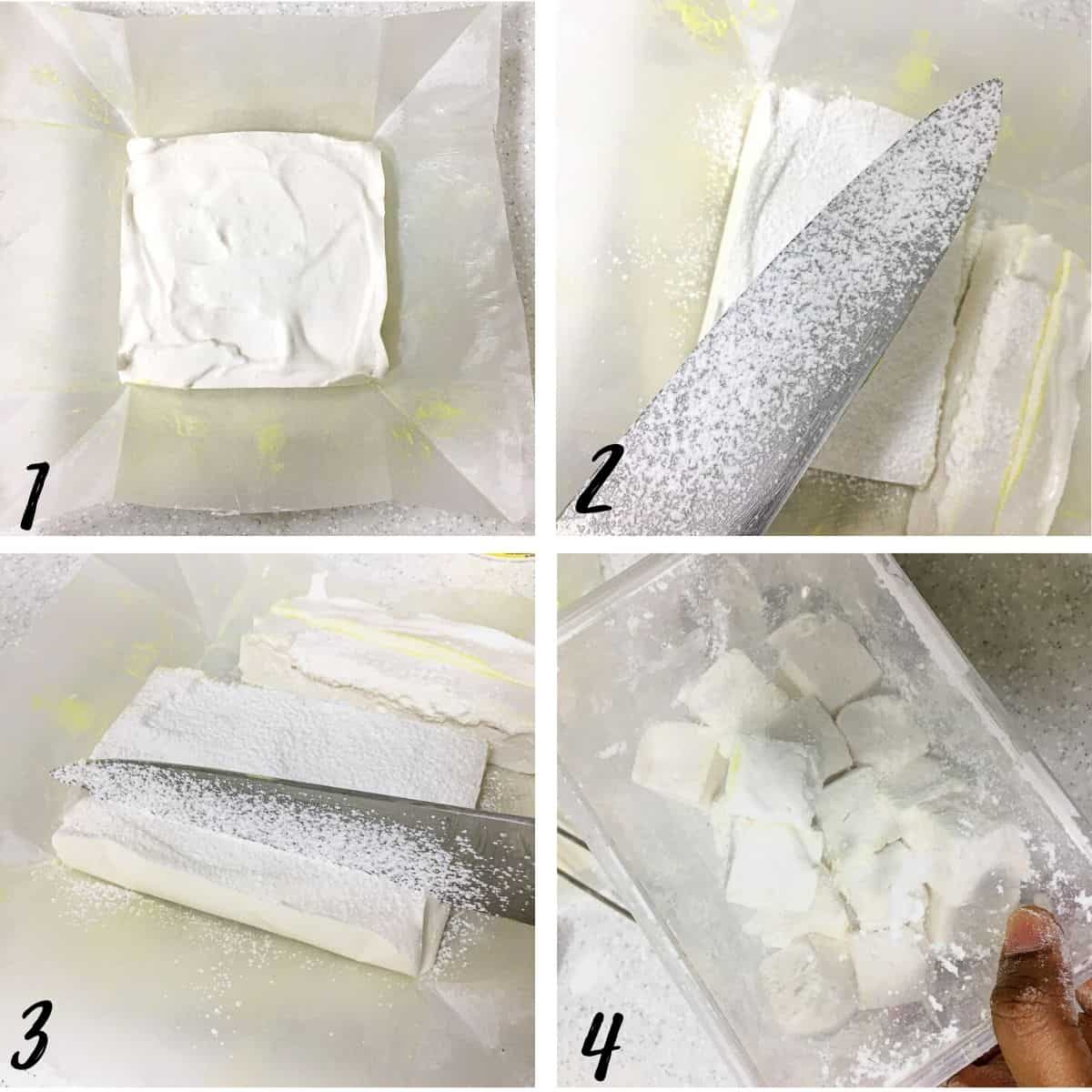 A poster of 4 images showing how to dust a knife, cut a block of marshmallow and toss the cut marshmallows into icing sugar dusting