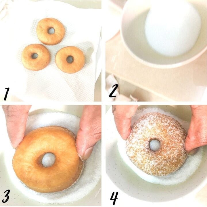 A poster of 4 images showing how to coat doughnuts with sugar