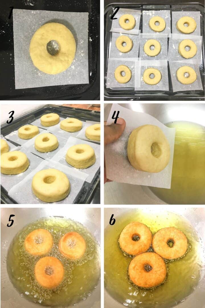 A poster of 6 images show how to fry ring doughnuts