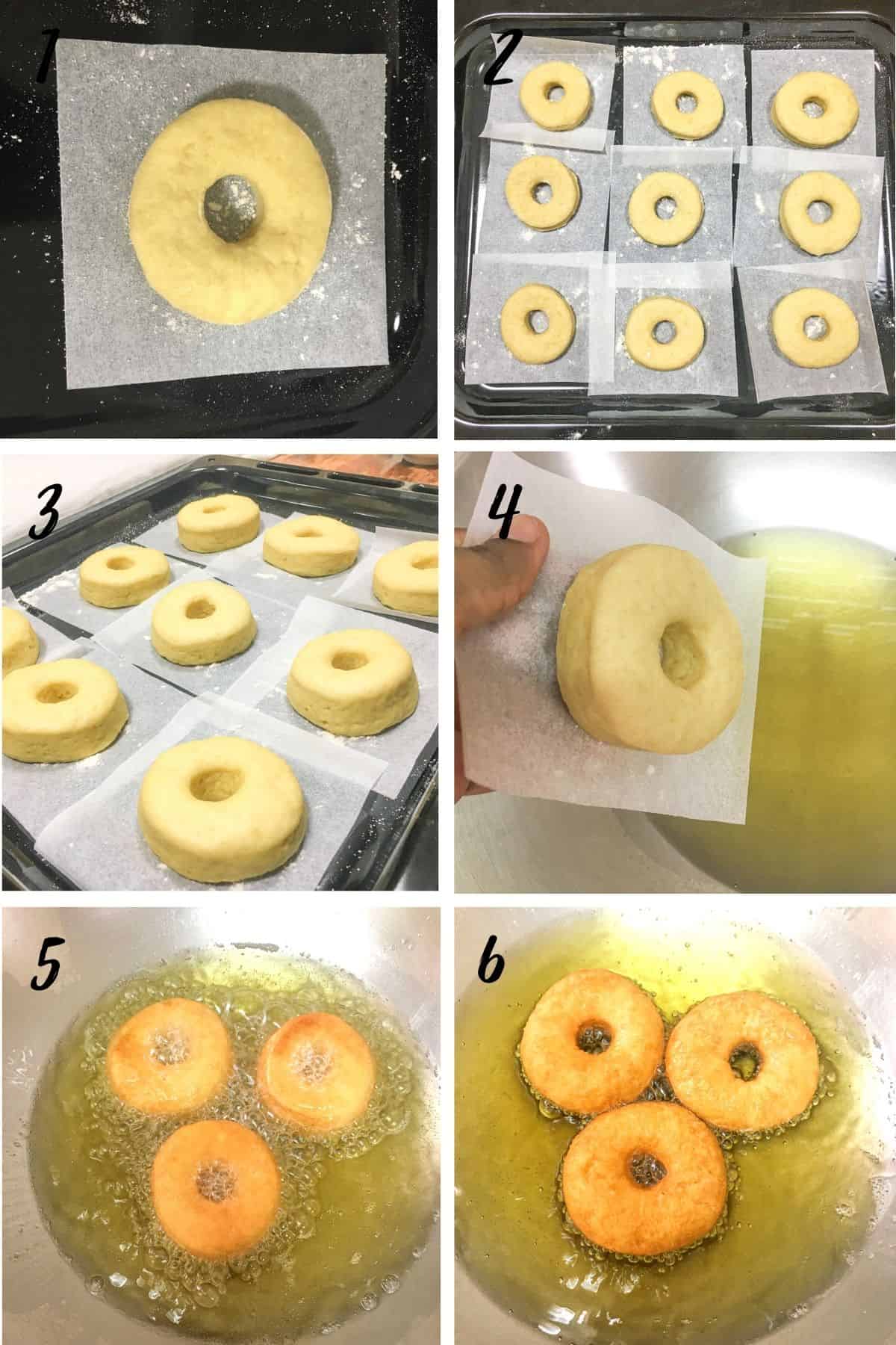 A poster of 6 images show how to fry ring doughnuts.