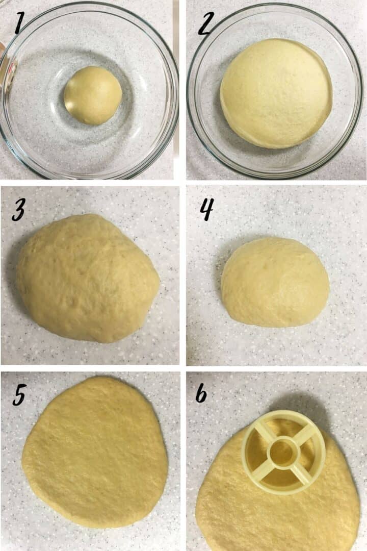 A poster of 6 images showing how to roll and cut doughnuts from dough