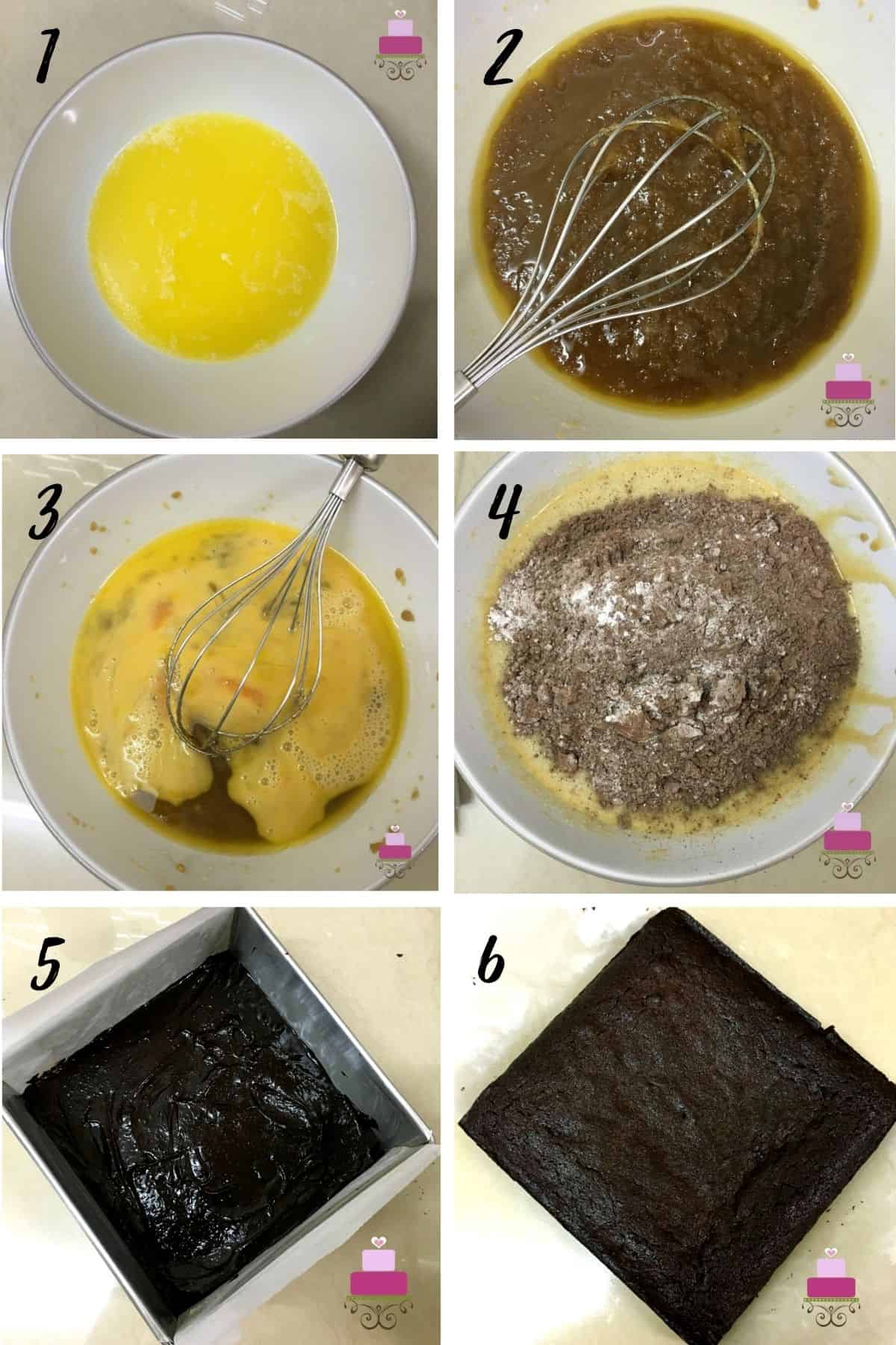 A poster of 6 images showing how to make chocolate brownies