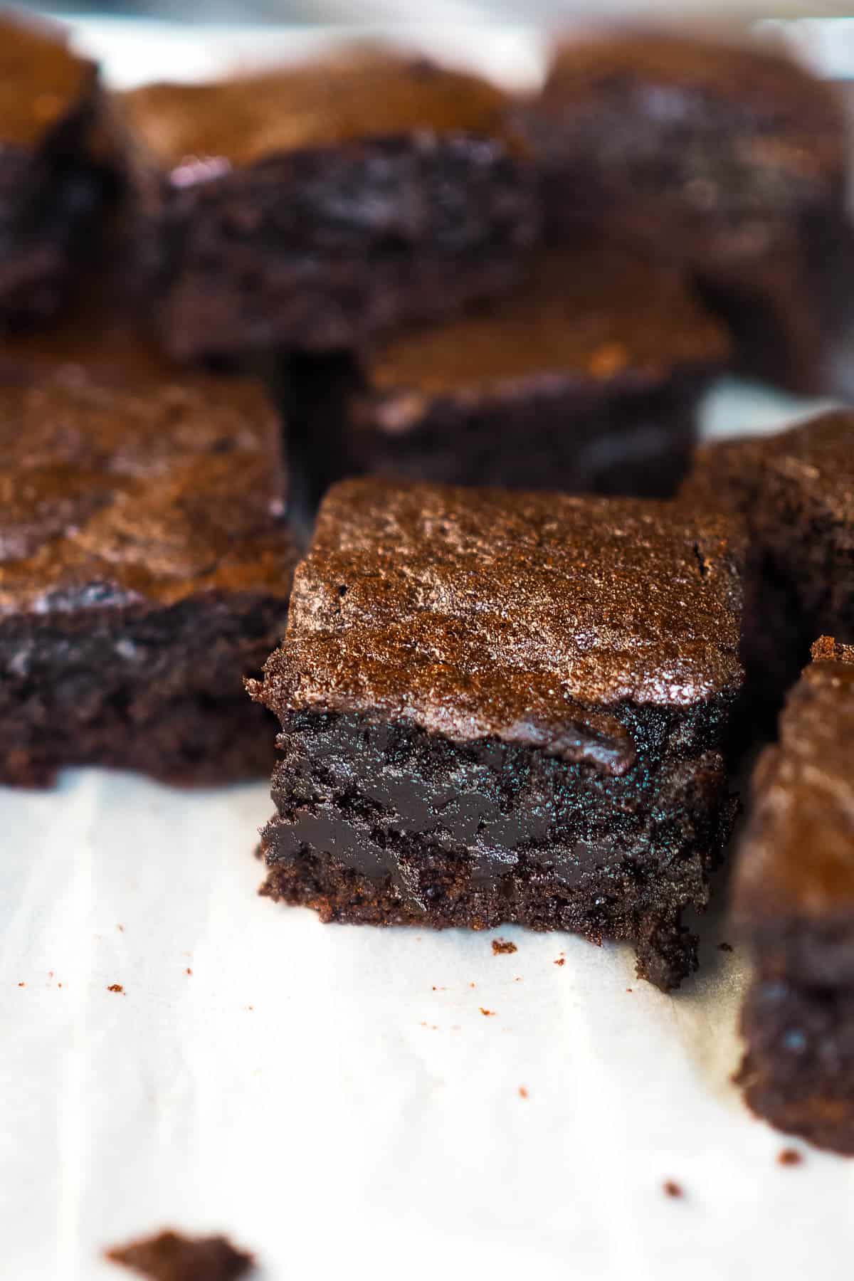 Close up of a chocolate brownie slice.