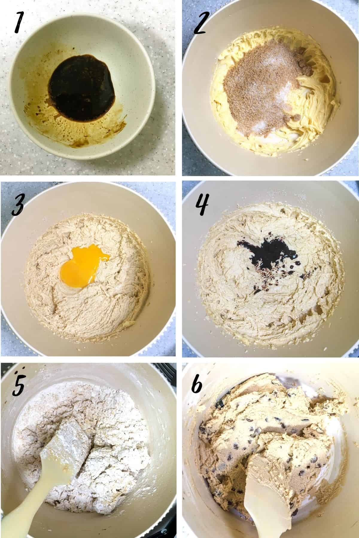 A poster of 6 images show how to mix coffee flavored chocolate chip cookie dough